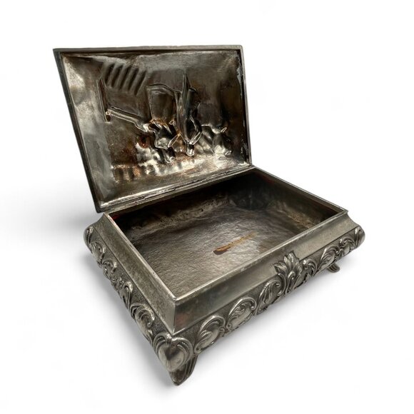 Vintage French Style Footed Jewelry Box Swan Lake Scene Hinged Lid Large Ornate - Picture 7 of 10